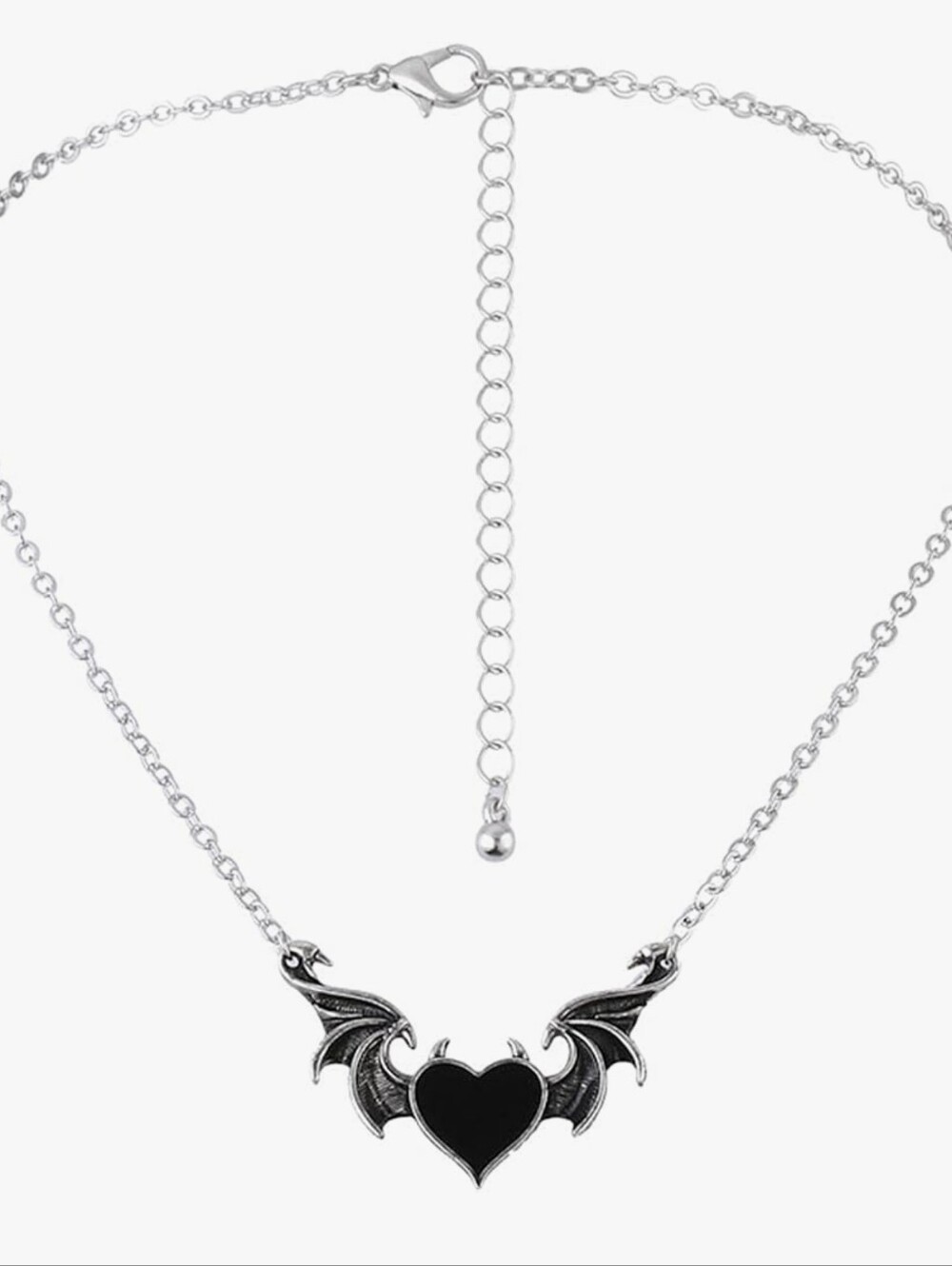 Silver-tone Black Heart Bat Necklace - Women's Jewelry